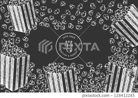 Hand Drawn Vector Pop Corn Illustration. Not AI Generated. Movie Night Chalk Board Background. Old Fashioned American Culture Banner. Vintage Popcorn Design Template. 128412285