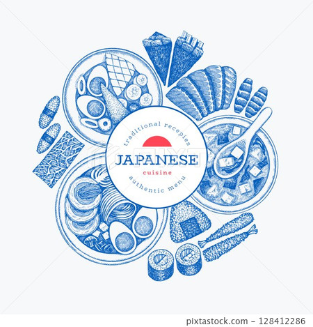 Japanese Cuisine Vector Design Template. Asian Dishes Hand Drawn Background. Retro Japan Traditional Food Illustration. 128412286