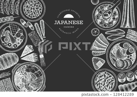 Japanese Cuisine Vector Design Template. Asian Dishes Chalk Board Hand Drawn Background. Retro Japan Traditional Food Illustration. 128412289