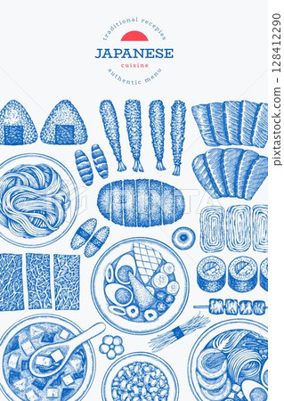 Japanese Cuisine Vector Design Template. Asian Dishes Hand Drawn Background. Retro Japan Traditional Food Illustration. 128412290