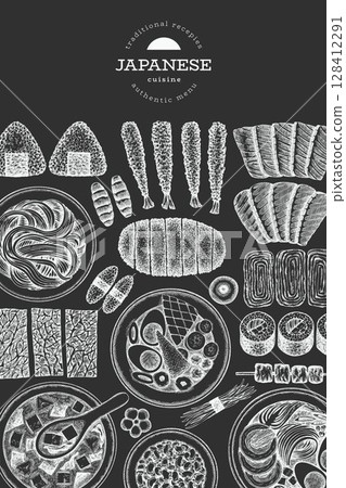 Japanese Cuisine Vector Design Template. Asian Dishes Chalk Board Hand Drawn Background. Retro Japan Traditional Food Illustration. Japanese Cuisine Vector Design Template. Asian Dishes Chalk Board Hand Drawn Background. Retro Japan Traditional Food Illustration. 128412291