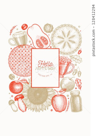 Hand Drawn Vector Autumn Illustration. Not AI Generated. Thanksgiving Background. Fall Season Cozy Mood Banner. Vintage Design Template. 128412294