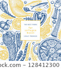 Collagen Diet Design Template. Vector Hand Drawn Healthy Food Banner. Vintage Style Collagen Bust  Menu Illustration. 128412300
