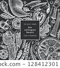 Collagen Diet Chalk Board Design Template. Vector Hand Drawn Healthy Food Banner. Vintage Style Collagen Bust Menu Illustration. 128412301