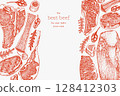 Butchery Shop Design Template. Vector Hand Drawn Meat Banner. Vintage Style Bar B Q Menu Illustration. 128412303