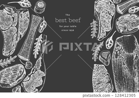 Butchery Shop Chalk Board Design Template. Vector Hand Drawn Meat Banner. Vintage Style Bar B Q Menu Illustration. 128412305