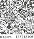 Hand Drawn Vector Pizza Seamless Pattern. Not AI Generated Illustration. Retro Pizza Wallpaper. Old School Italian Food Background 128412306