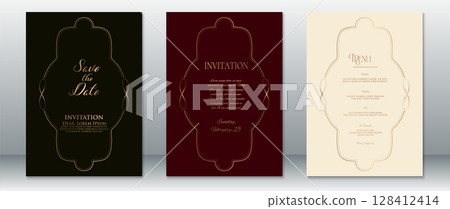 Vintage Wedding Invitation Set with Ornate Curved Frame in Black, Burgundy, and Cream 128412414