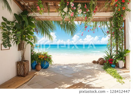A summer resort with blue skies and white sand 128412447