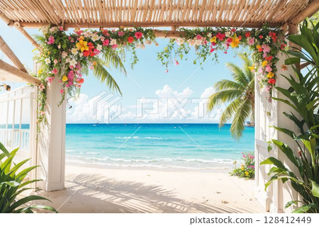 白色沙灘和盛開的涼亭 128412449