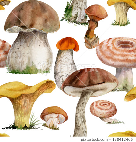 Golden chanterelle girolle, russula webcap birch bolete suillus slippery jack mushrooms. Fungi nature seamless pattern tile hand drawn in watercolor. Linens tablecloth gift wrapping paper, backgrounds 128412466