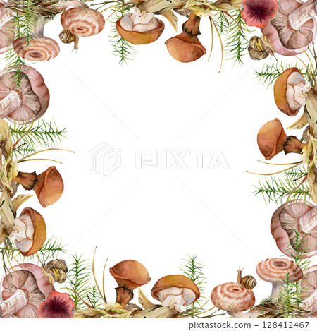 Milk-cap russula suillus larch bolete slippery jack mushrooms, snail on cap. Square border frame hand drawn in watercolor. Horsetail plant on bark with moss lichen growth autumn forest floor scene 128412467