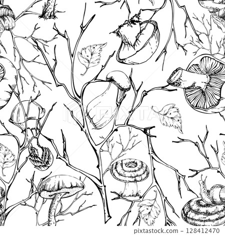 Bolete cep russula suillus milk-cap striped mushroom, fallen autumn leaves snails. Fungi nature seamless pattern hand drawn in vector ink. Brambles, twisting branches twigs. Fabric linens wallpaper Bolete cep russula suillus milk-cap striped mushroom, fallen autumn leaves snails. Fungi nature seamless pattern hand drawn in vector ink. Brambles, twisting branches twigs. Fabric linens wallpaper 128412470