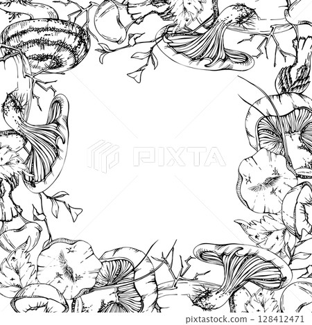 Bolete cep russula suillus mushroom with leaves twigs pine needles. vector ink hand drawn fungi border square frame. Autumn forest harvest, vegan cooking edible raw ingredient. Scrapbooking cover art 128412471
