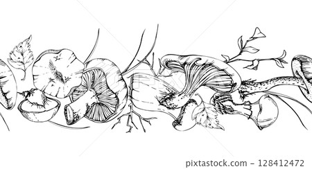 Bolete cep russula suillus mushroom fungi with leaves twigs pine needles, autumn forest harvest, vegan cooking edible raw ingredient. Seamless banner header hand drawn in vector ink. Decals, stencils 128412472