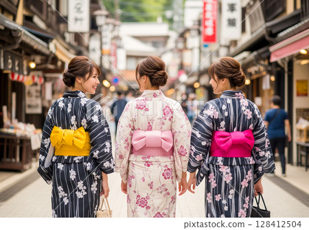 Female college student in yukata enjoying a hot spring trip 128412504