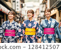 Female college student in yukata enjoying a hot spring trip 128412507