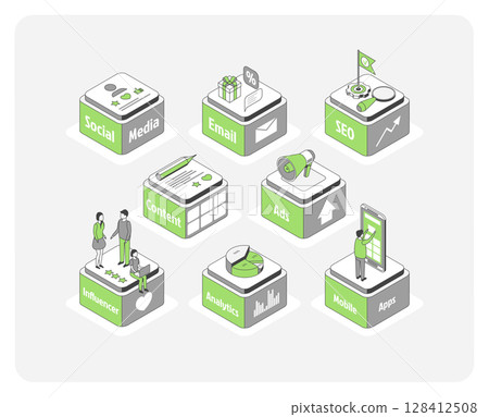 Cartoon Color Tools Growth Marketing Concept 3d Isometric View Line Elements. Vector illustration of Social Media and Content Cartoon Color Tools Growth Marketing Concept 3d Isometric View Line Elements. Vector illustration of Social Media and Content 128412508
