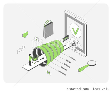 Cartoon Color Sales Funnel Growth Marketing Concept 3d Isometric View Line Elements. Vector illustration of Awareness and Purchase 128412510