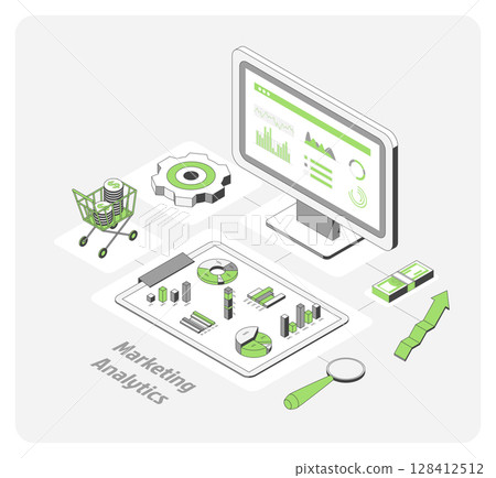 Cartoon Color Sales Dashboard and Analytics Growth Marketing Concept 3d Isometric View Line Elements. Vector illustration Cartoon Color Sales Dashboard and Analytics Growth Marketing Concept 3d Isometric View Line Elements. Vector illustration 128412512