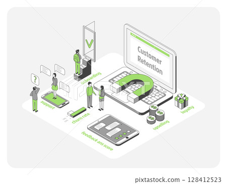 Cartoon Color Customer Retention Campaign with Magnet Sign Growth Marketing Concept 3d Isometric View Line Elements. Vector illustration 128412523