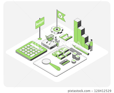 Cartoon Color Calculations and Budget Growth Marketing Concept 3d Isometric View Line Elements. Vector illustration of Finance Organization 128412529