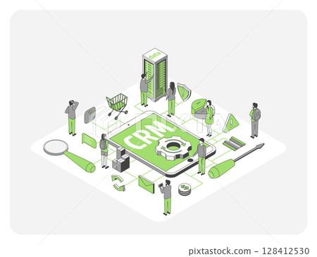 Cartoon Color Automation CRM Growth Marketing Concept 3d Isometric View Line Elements. Vector illustration of Corporate Working Process Organization 128412530