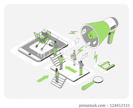 Cartoon Color Audience Reach with Loudspeaker or Megaphone Growth Marketing Concept 3d Isometric View Line Elements. Vector illustration Cartoon Color Audience Reach with Loudspeaker or Megaphone Growth Marketing Concept 3d Isometric View Line Elements. Vector illustration 128412531