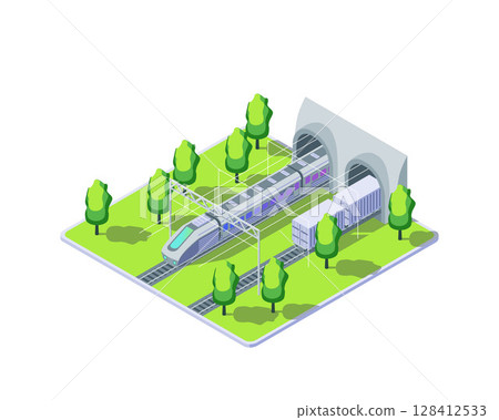 Cartoon Color Train and Railroad Tunnel Electric City Transportation Concept 3d Isometric View. Vector illustration of Freight Wagons 128412533