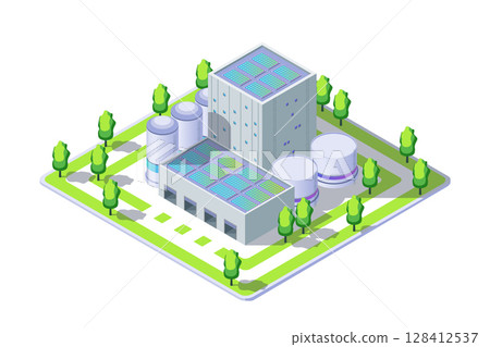 Cartoon Color Renewable Solar Electricity Energy Factory Electric City Transportation Concept 3d Isometric View. Vector illustration Cartoon Color Renewable Solar Electricity Energy Factory Electric City Transportation Concept 3d Isometric View. Vector illustration 128412537