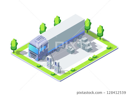Cartoon Color Electro Truck and Charging Station Electric City Transportation Concept 3d Isometric View. Vector illustration Cartoon Color Electro Truck and Charging Station Electric City Transportation Concept 3d Isometric View. Vector illustration 128412539