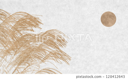 日本蒲葦與收穫月亮的剪影藝術，日式秋季背景 128412643