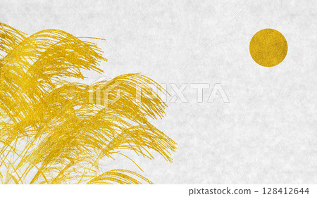 Japanese-style silhouette art depicting Japanese pampas grass and the harvest moon in gold leaf 128412644