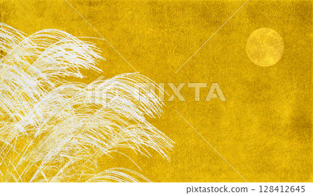 Japanese-style silhouette art depicting Japanese pampas grass and the harvest moon in gold leaf 128412645