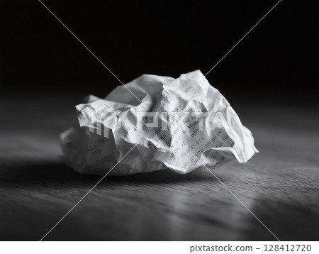 Crumpled paper ball, a symbol of creative block, frustration, or discarded ideas. Monochrome aesthetic adds drama. Perfect for blogs, articles, or design projects. 128412720