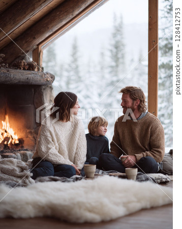 Cozy family moment in a cabin. Mother, father and child sit by a warm fireplace on a snowy day. Home, love, winter concept. Holiday, retreat. 128412753