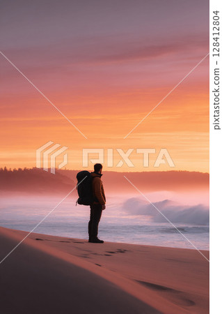 Lone traveler with backpack gazing at an ethereal sunrise over the ocean. Evokes adventure, solitude, inspiration, and the beauty of nature. Ideal for travel or outdoors concepts. 128412804