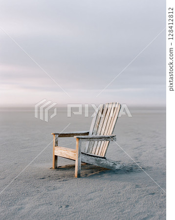 Solitary beach chair on a vast, sandy shore under a cloudy sky. Evokes peace, solitude, and escape. Great for travel, relaxation, or coastal lifestyle concepts. 128412812