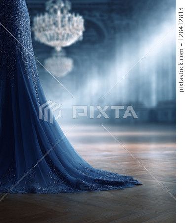 Elegant blue gown in a grand ballroom. Evokes romance, fantasy, or formal events. Use for fashion, weddings, and high society themes. Luxurious and magical. 128412813