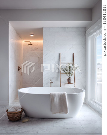 Elegant bathroom featuring a freestanding tub, marble tiles, and soft lighting. Ideal for showcasing interior design, relaxation, and luxury living concepts. 128412815