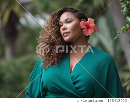 Elegant woman with curly hair and hibiscus blossom, gazing thoughtfully. Ideal for beauty, wellness, travel, or lifestyle campaigns. Evokes natural beauty and serenity. 128412923