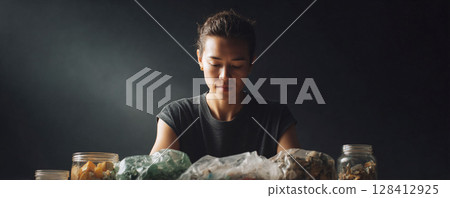 Contemplative woman facing collected food items in jars and plastic bags, reflecting on sustainability, conscious eating, zero waste lifestyle. Ecofriendly concept. 128412925