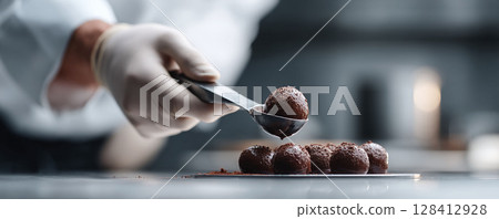Elegant shot of handcrafted chocolate truffles. Chefs touch with precision, perfect for illustrating culinary arts, gourmet food, indulgence, or sweet temptation. 128412928