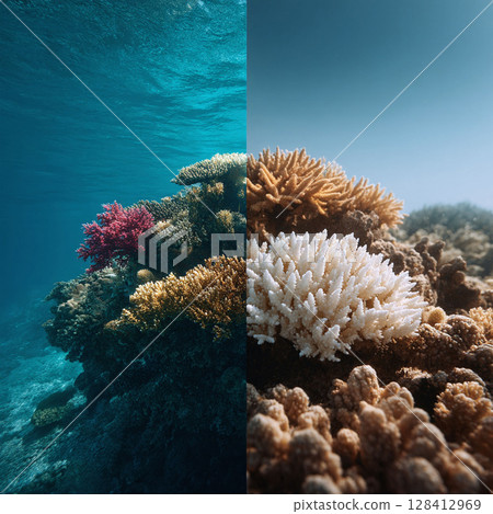 Split screen image depicting healthy colorful coral reef versus bleached, damaged coral. Symbol of ocean conservation, climate change impact, and marine ecosystems. 128412969