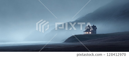 Eerie seascape featuring a glowing house perched atop a hill by the misty coast. Ideal for themes of solitude, mystery, peace, or coastal living concepts. 128412970