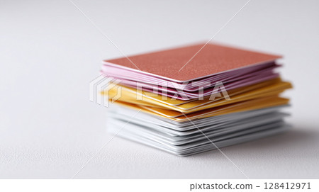 Stack of colorful cards on white, shallow depth of field. Perfect for design, organization, projects, presentations, or creative concepts. Clean, modern, and versatile. Stack of colorful cards on white, shallow depth of field. Perfect for design, organization, projects, presentations, or creative concepts. Clean, modern, and versatile. 128412971