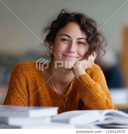 Smiling student with books. Closeup of a young woman leaning on her hand, conveying intelligence, optimism, and focus. Ideal for education, learning or personal growth. 128412978
