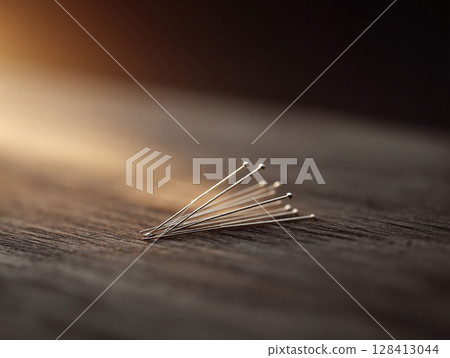 Acupuncture needles rest on wood, bathed in golden light. Evokes healing, wellness, and Eastern medicine. Perfect for health, spa, therapy, and alternative treatment visuals. Acupuncture needles rest on wood, bathed in golden light. Evokes healing, wellness, and Eastern medicine. Perfect for health, spa, therapy, and alternative treatment visuals. 128413044
