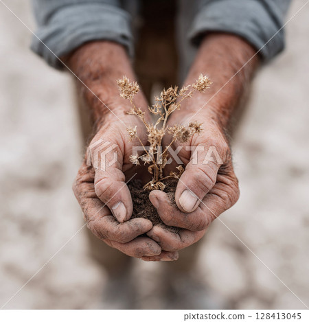 Worn hands cradle a fragile, dry plant with soil. Symbolizes resilience, hope, aging, and environmental issues. Great for articles, ads about climate, or humanity. Worn hands cradle a fragile, dry plant with soil. Symbolizes resilience, hope, aging, and environmental issues. Great for articles, ads about climate, or humanity. 128413045