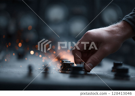 Hand adjusting dials on control panel with sparks, symbolizing power, precision, and engineering. Evokes themes of control, technology, and creation. Great for tech, industry. 128413046